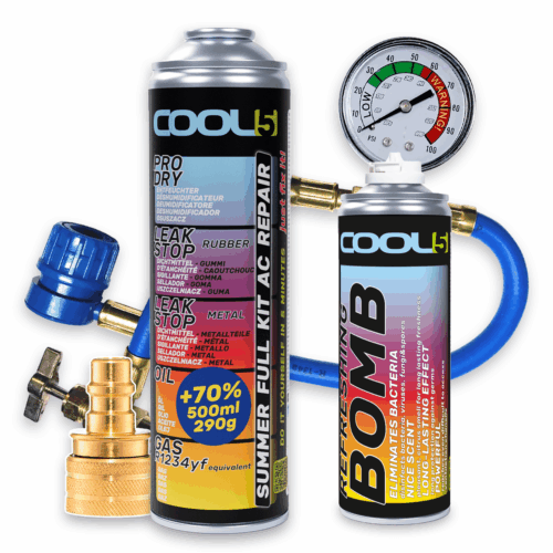 COOL5 5-in-1-SOMMER-KOMPLETT-SET FÜR DIE REPARATUR DER KLIMAANLAGE R1234yf, Schlauch mit Manometer + YF-Adapter & Erfrischungsbombe