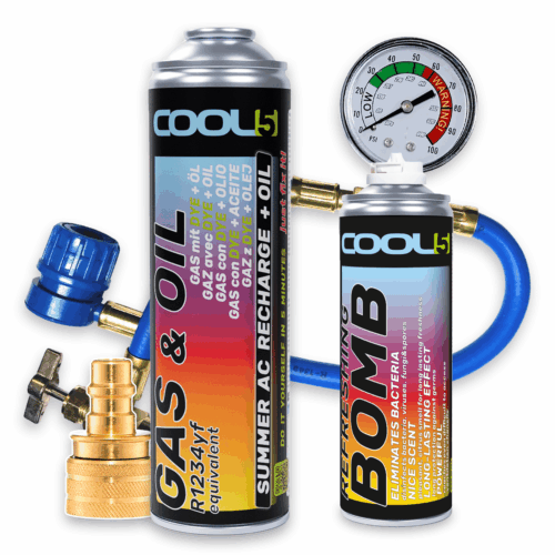 COOL5 2in1 RICARICA ESTIVA DELL'AC (refrigerante R1234yf+olio) + linea con manometro e adattatore YF, Bomba Rinfrescante